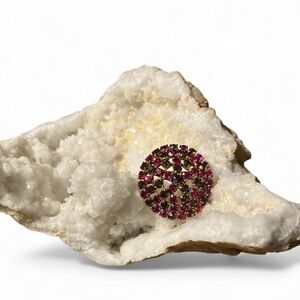 Vintage 1960s Fuchsia Rhinestone Domed Brooch / Gold Tone Round Statement Pin